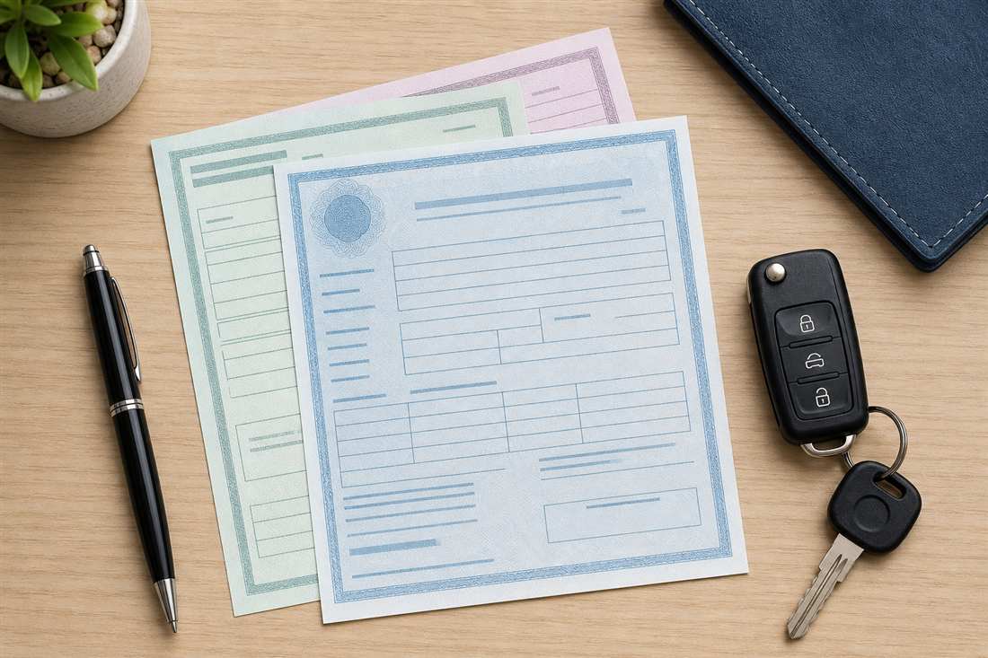 Documentos de veículo organizados sobre mesa