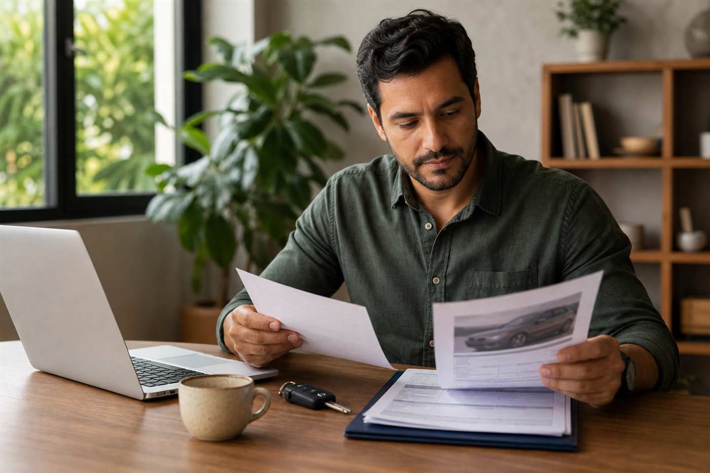 Pessoa analisando documentos de veículo em mesa de trabalho